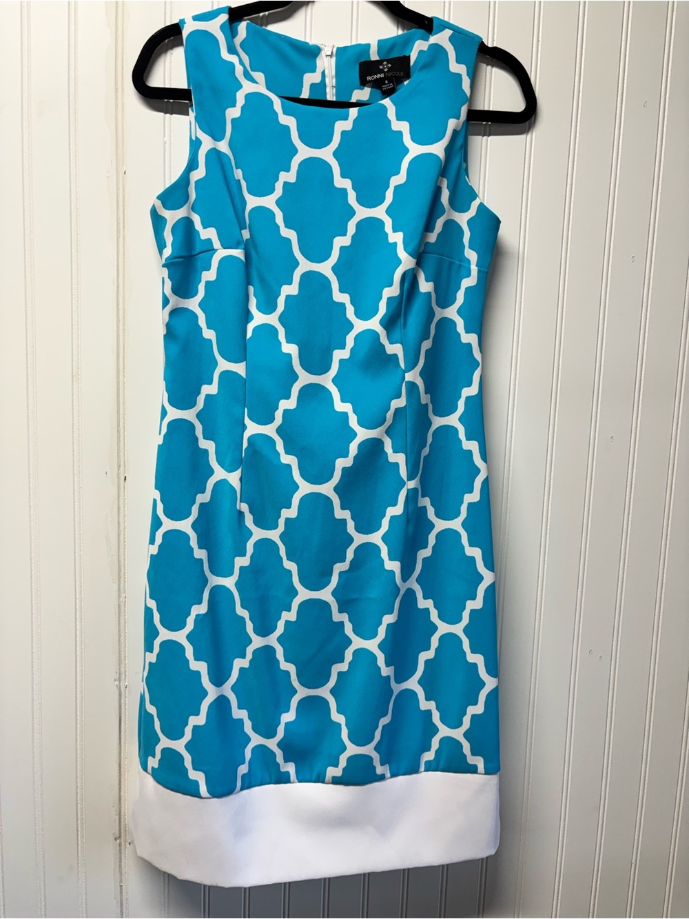 Ronni Nicole Pool Blue and White Moroccan Tile Print Sheath Dress Size 6